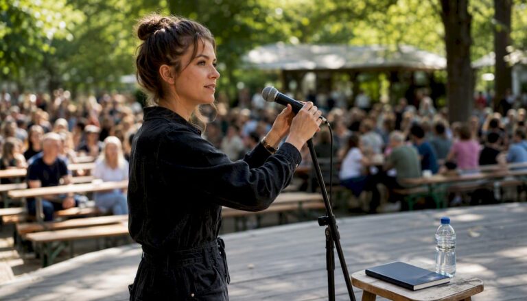 Konferencieren fixar mikrofonen innan han börjar prata på scenen.