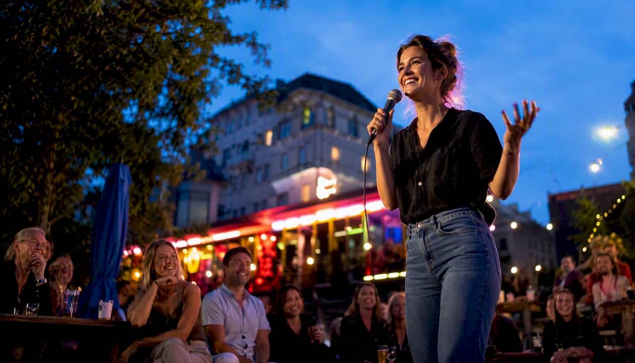 1786337369210_Woman-performing-standup-comedy-on-stage En kvinna står på scen och roar publiken med standup.