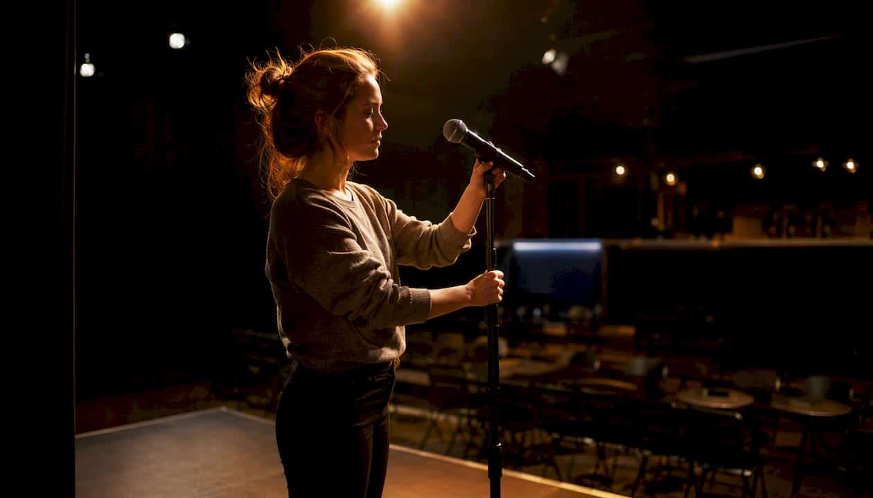 1786347909151_Woman-adjusting-microphone-on-empty-standup-stage En kvinna förbereder mikrofonen på en tom standupscen.